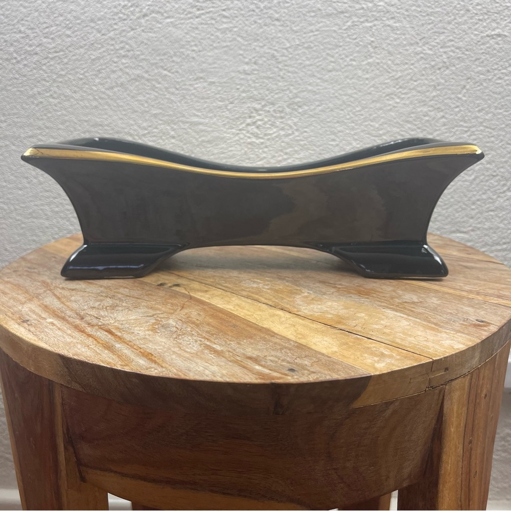 Vintage l 50s Mid-Century Mod Kitsch Glossy Black Gold Trim Long Footed Planter - Picture 2 of 15